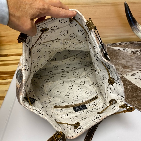 NWT Myra Bag Leather and Patterned Fabric Bucket Bag. - Picture 6 of 13